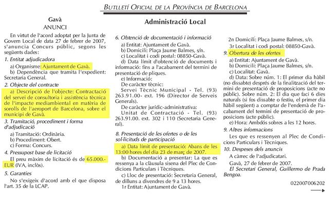 Anuncio del Ayuntamiento de Gavà para la contratación del servicio de consultoría y asistencia técnica del impacto medioambiental en materia de ruidos del aeropuerto de Barcelona sobre el municipio de Gavà (7 de Marzo de 2007)